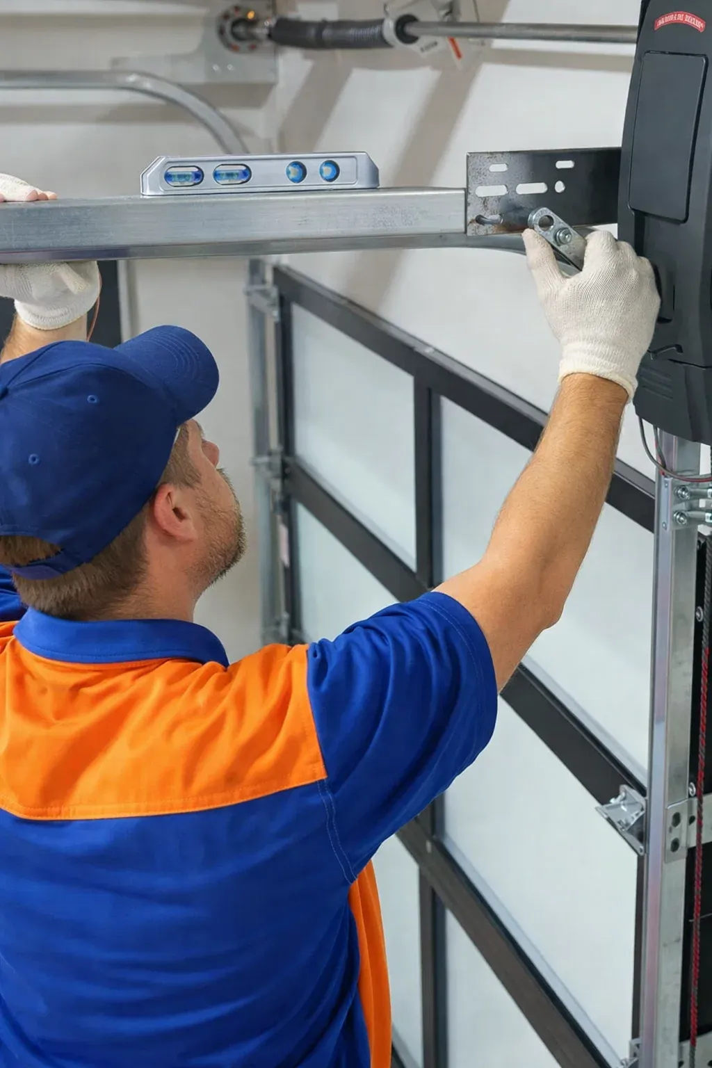 A technician adjusting the cable drum during a garage door maintenance