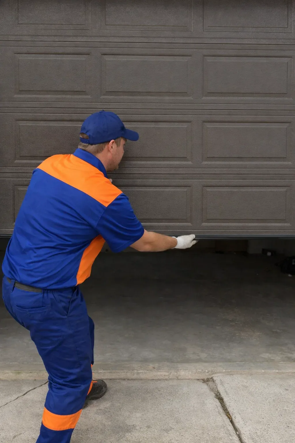 A technician checking a frayed garage door cable