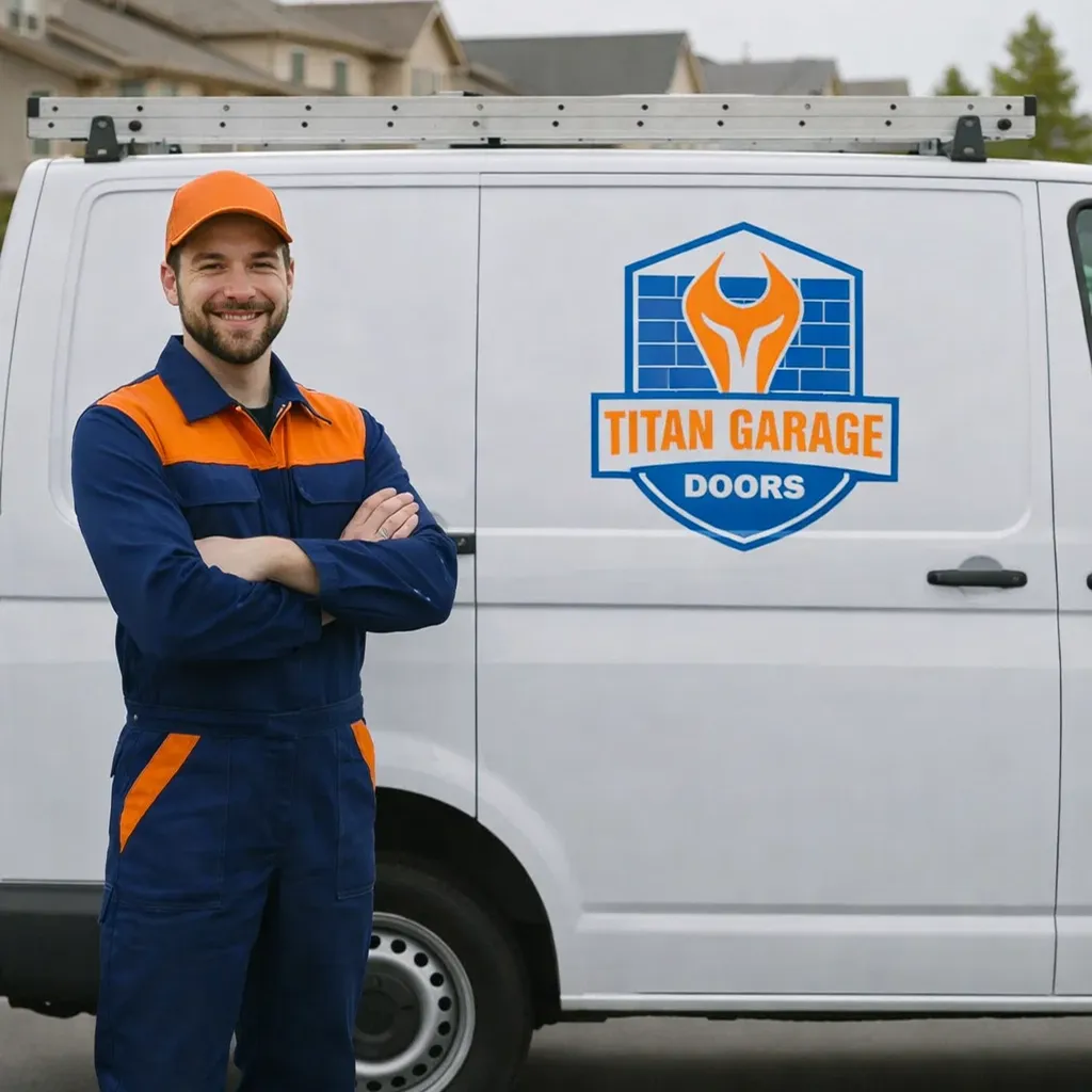Titan Garage Doors service van with company logo and mounted ladder, providing professional garage door repair and installation services
