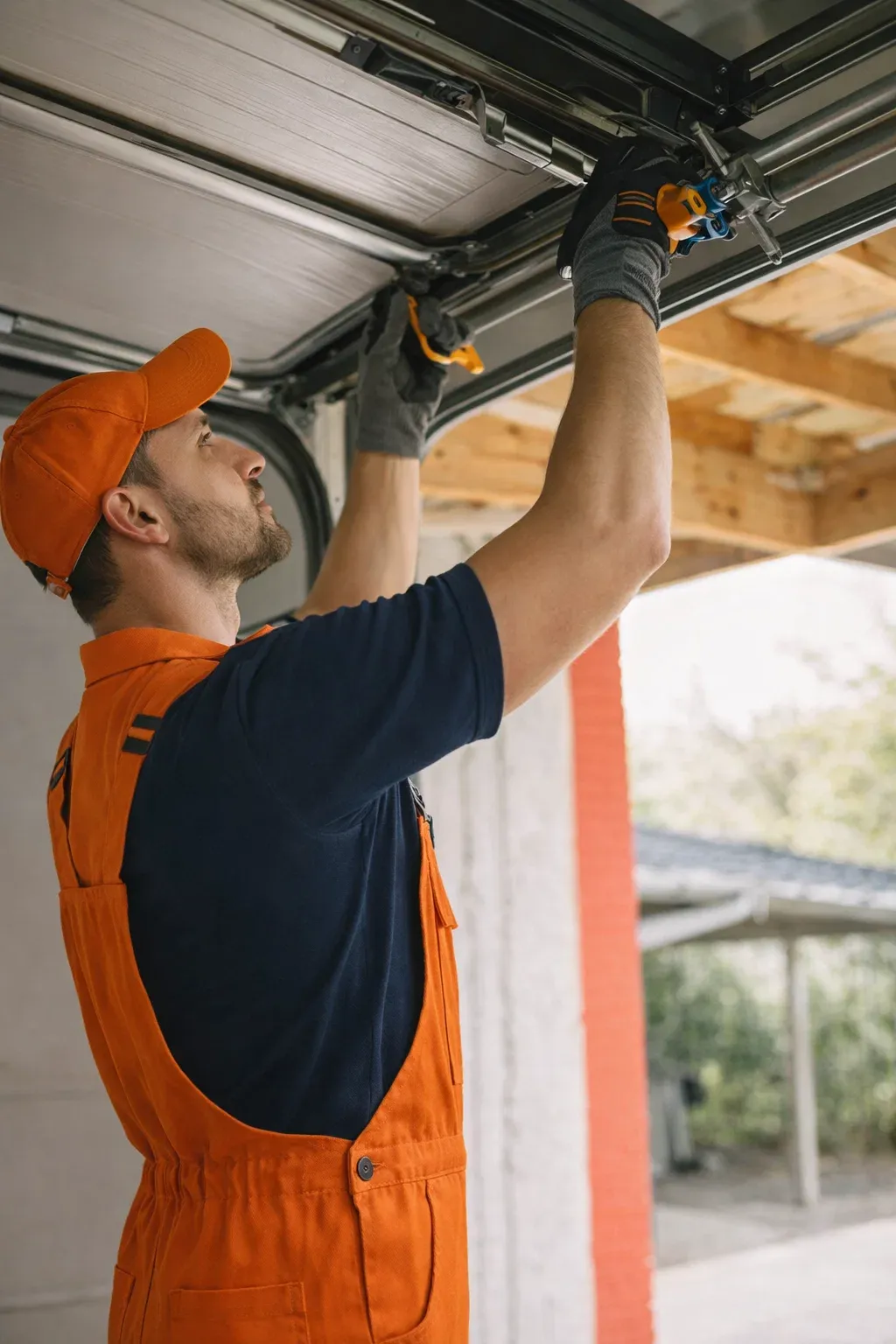 A technician checking a frayed garage door cable