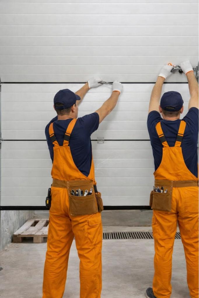 Two technicians installing a commercial garage door in Wellington, CO