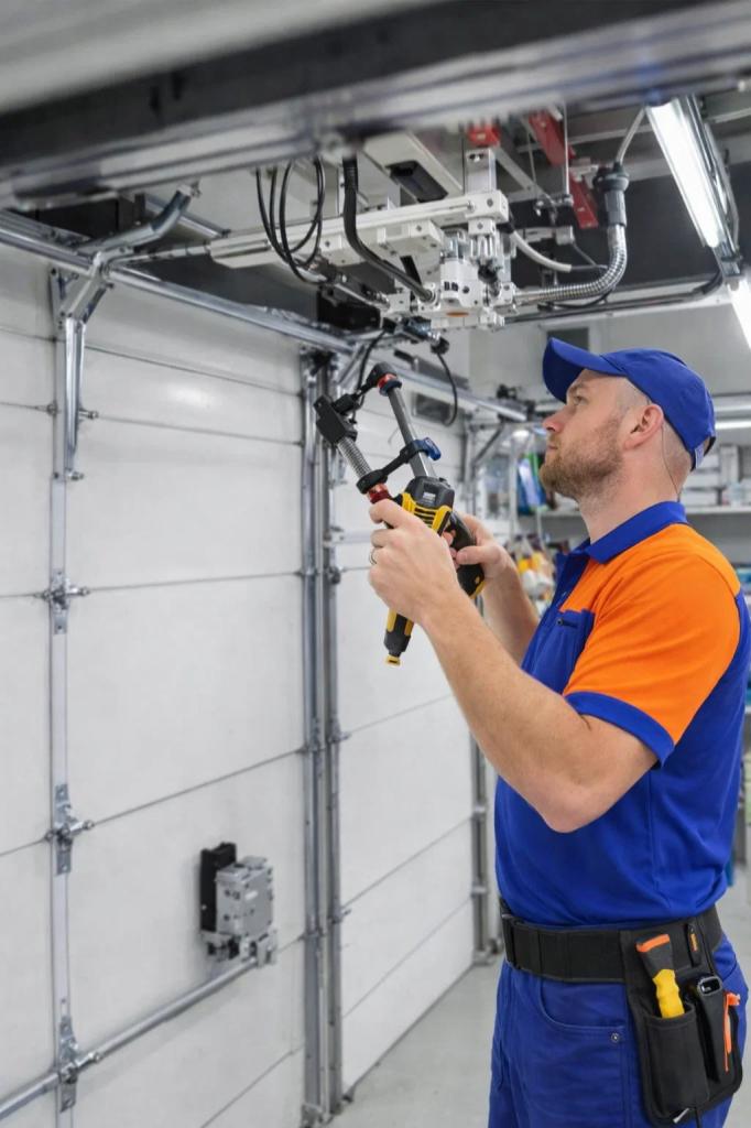 A technician from Titan Garage Doors CO performing a garage door maintenance in Colorado