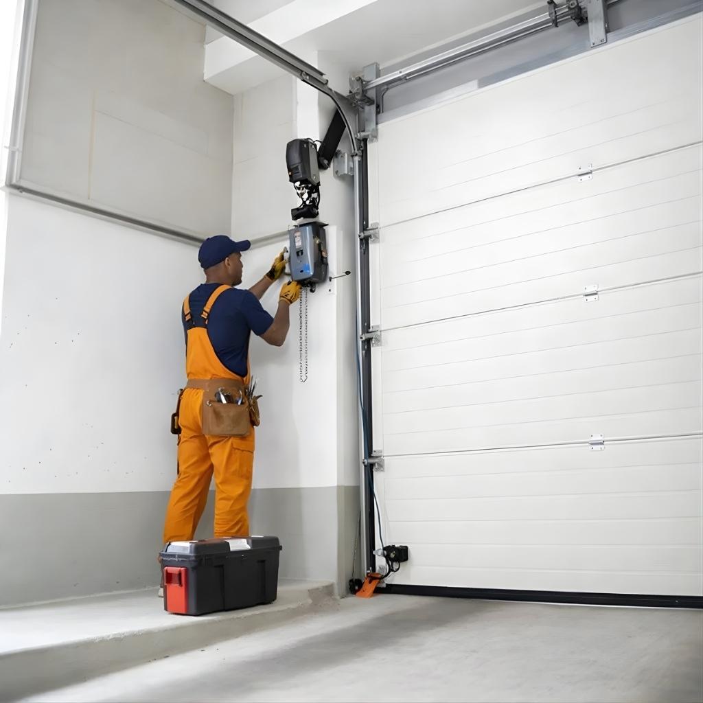 A technician performing a commercial garage door service in Colorado