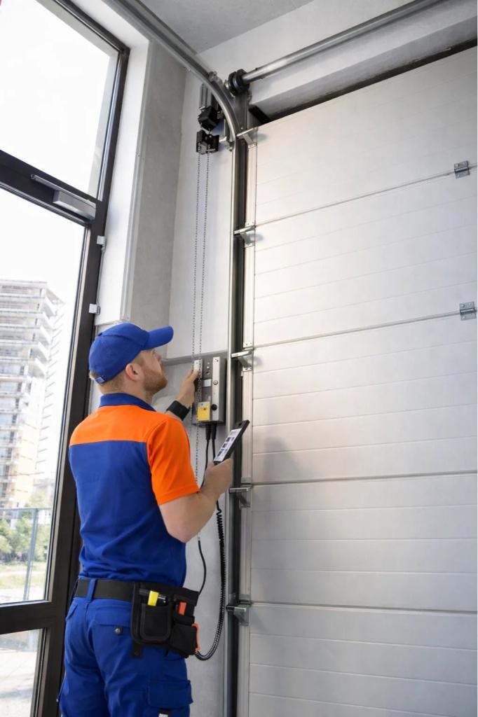 A technician inspecting a commercial garage door in Fort Collins, CO