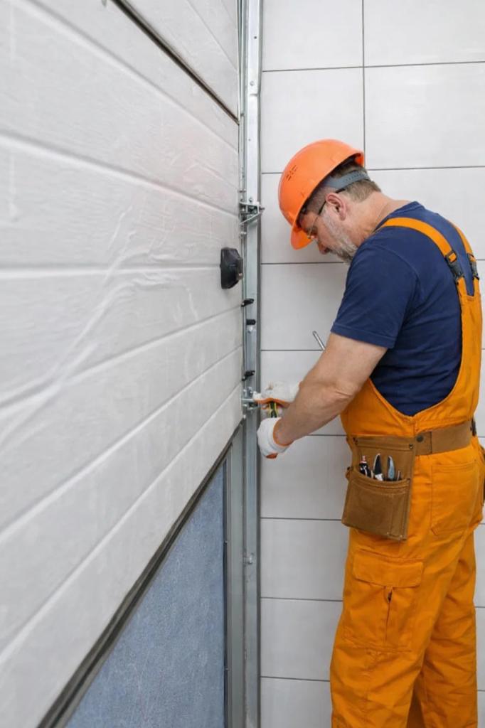 A technician repairing a commercial garage door in Severance, CO
