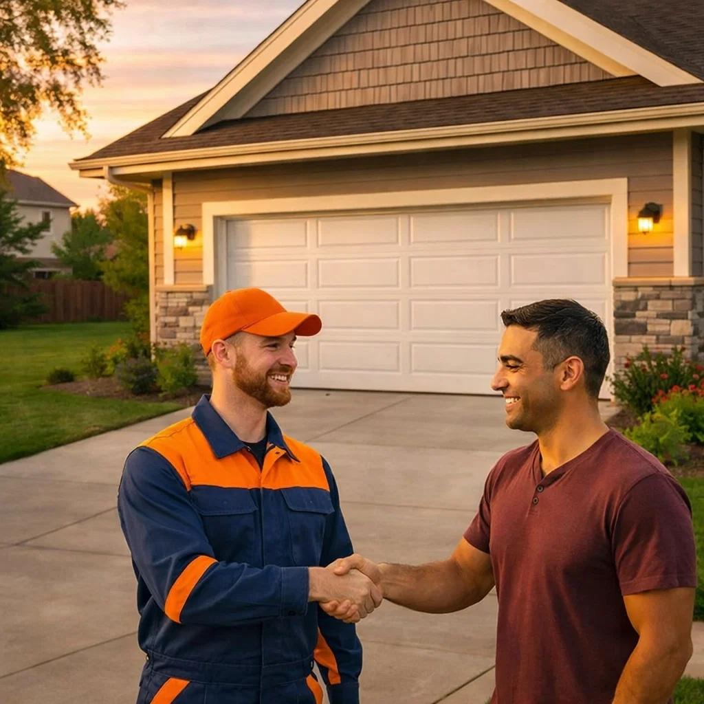 A Colorado homeowner shaking hands of a garage door technician after a successful garage door service