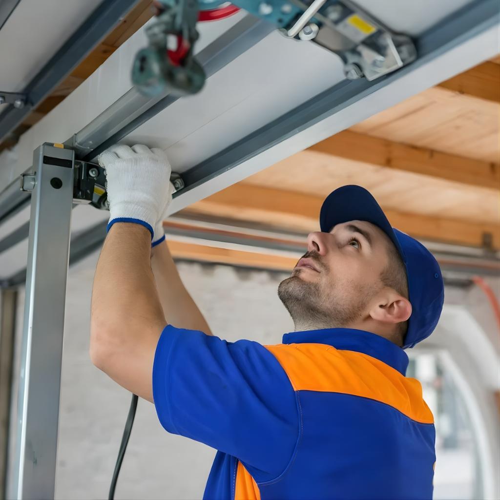 A technician performing a garage door maintenance in Fort Collins, CO