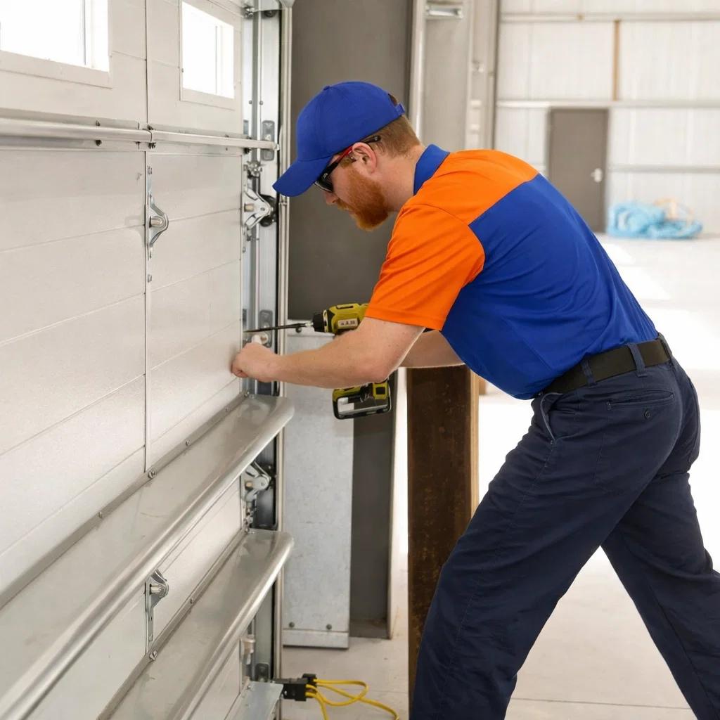 A technician in uniform repairing a broken garage door in Fort Collins, CO