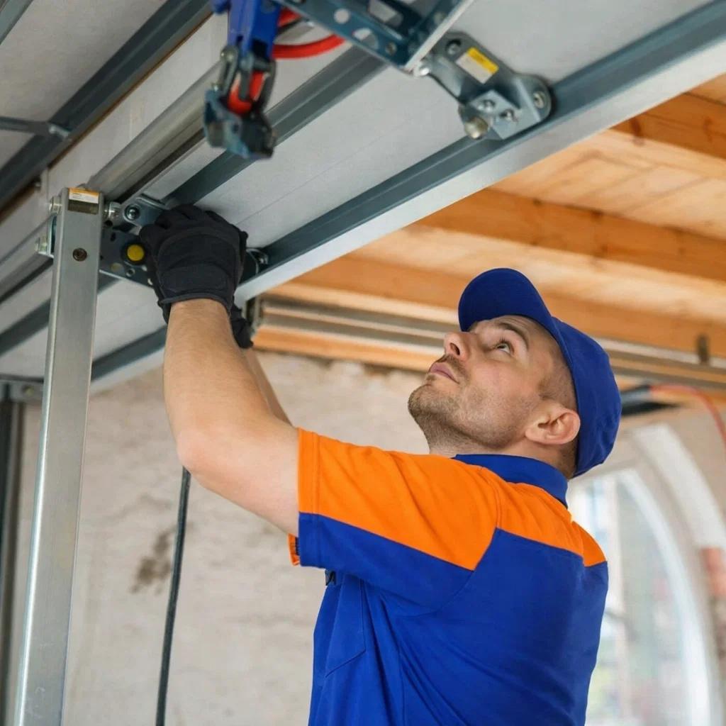 A garage door technician performing repairs on a broken garage door in Loveland, CO