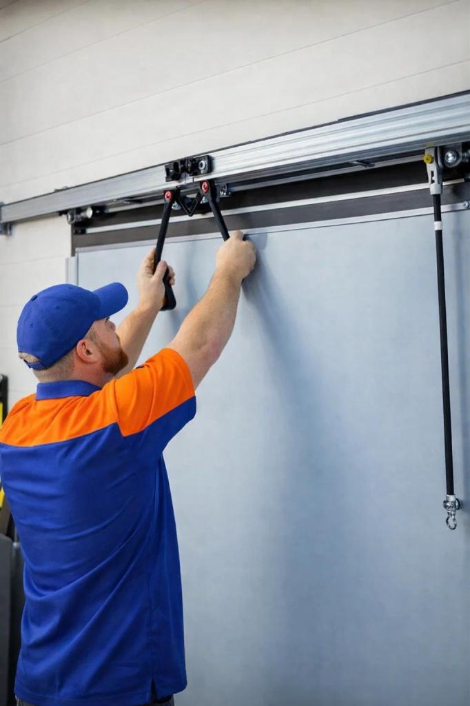 A technician performing a garage door spring repair in Timnath, CO