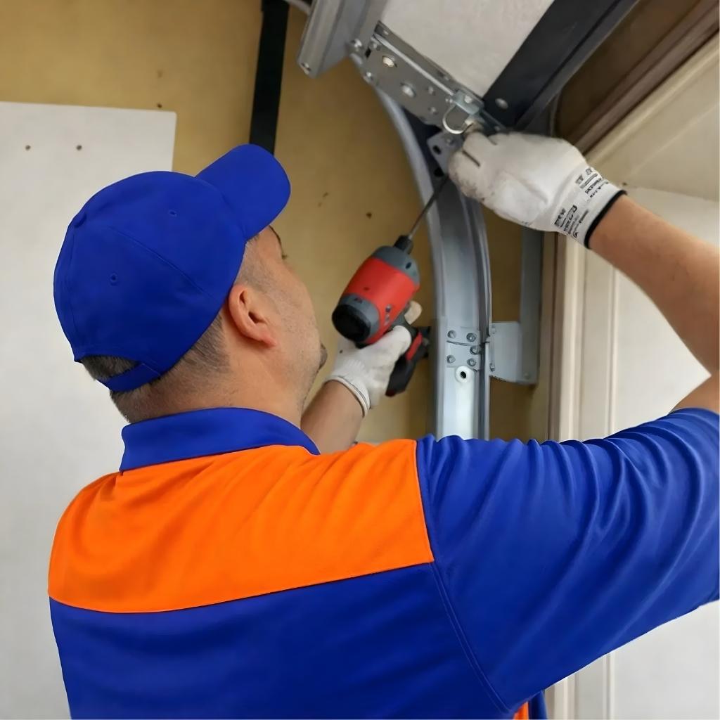 A technician performing garage door repair in Fort Collins, CO
