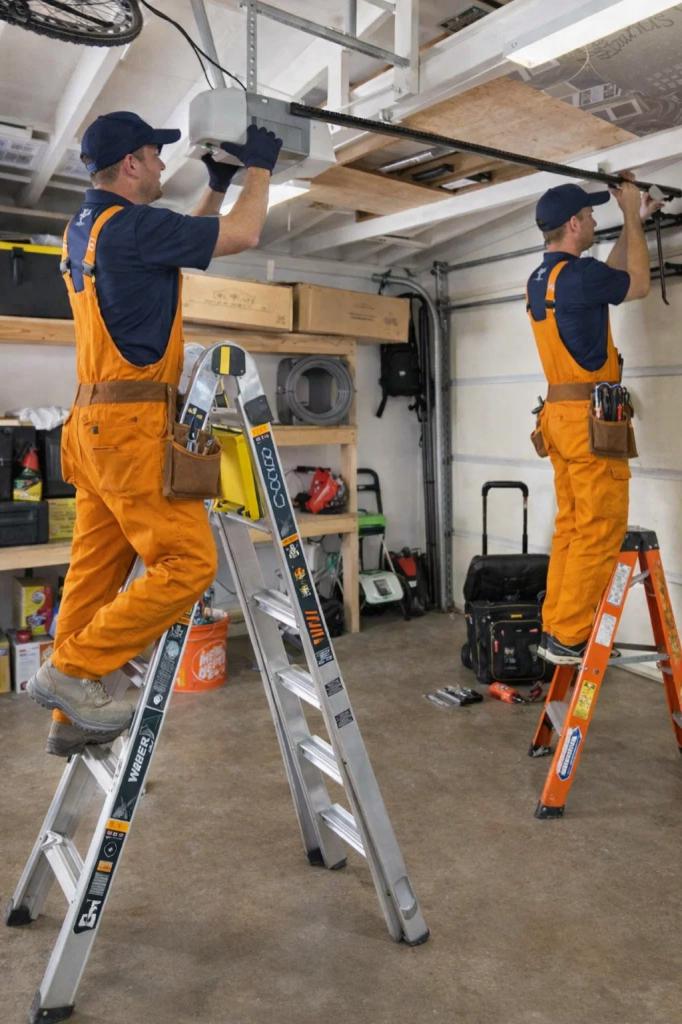 Two technicians installing a new garage door opener in Glen Haven, CO