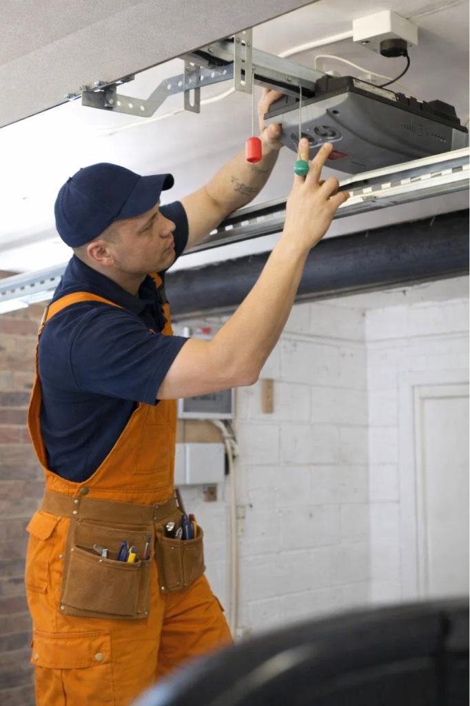 A technician repairing a broken garage door opener in Loveland, CO