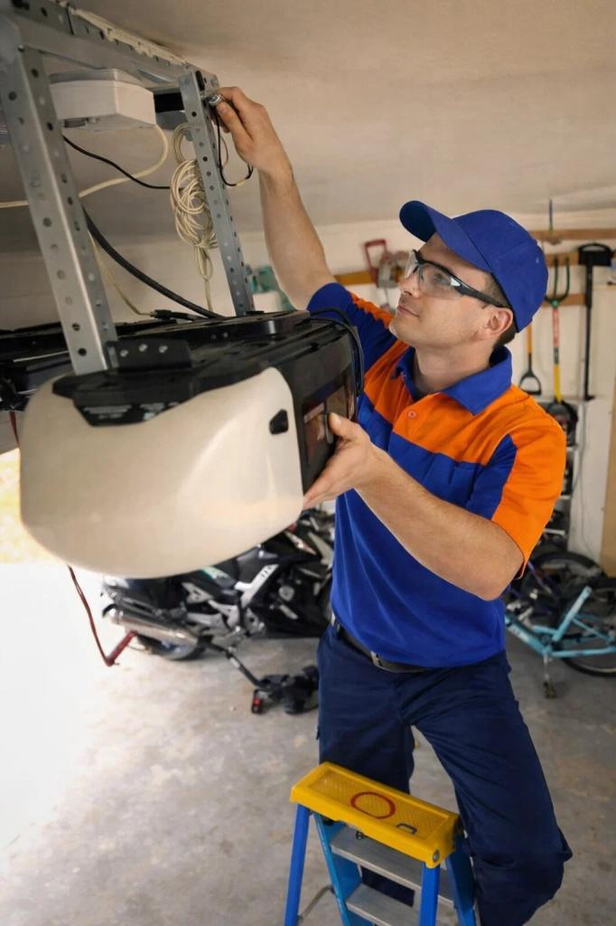 A licensed technician repairing a broken garage opener Windsor, CO