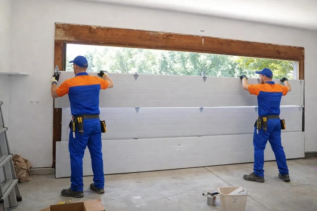 Two licensed technicians installing a new garage door in Fort Collins, CO