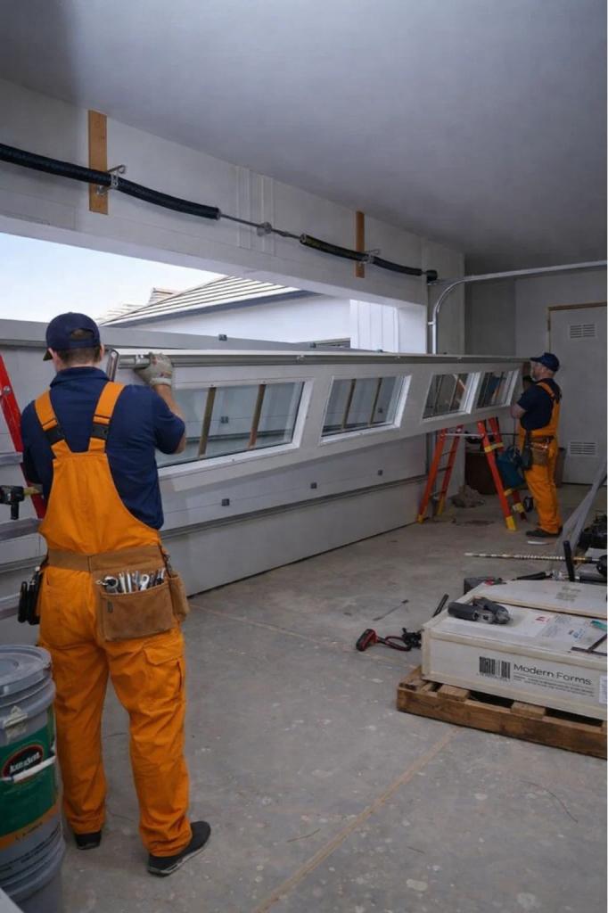 Two technicians replacing an old garage door in Glen Haven, CO