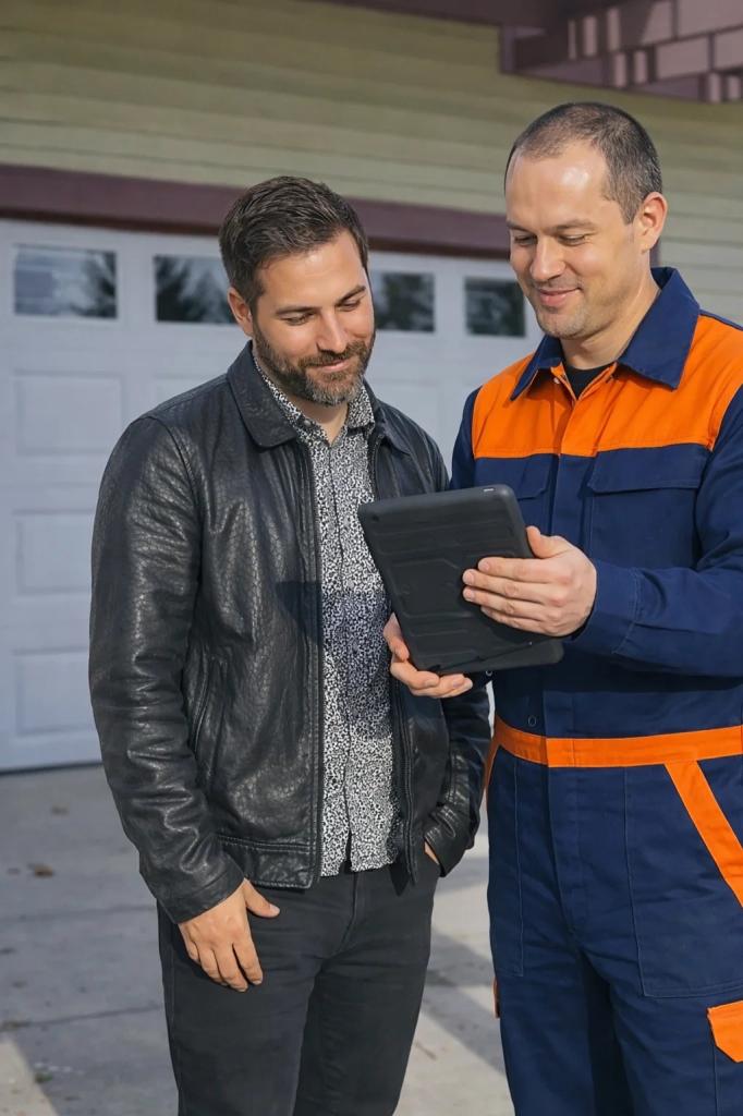 A licensed garage door technician explaining the flexible payment plans for a garage door service