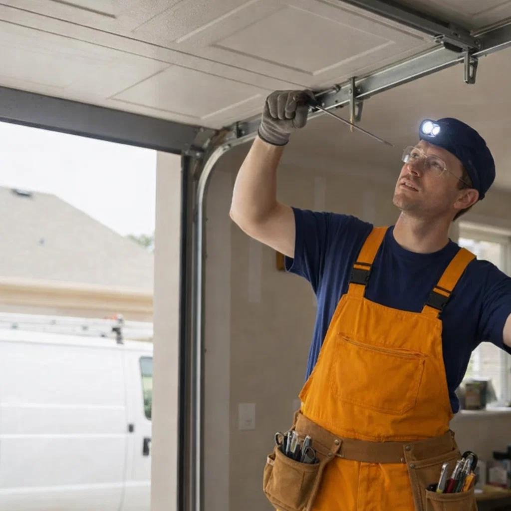 A licensed garage door technician inspecting a garage door in Wellington, CO