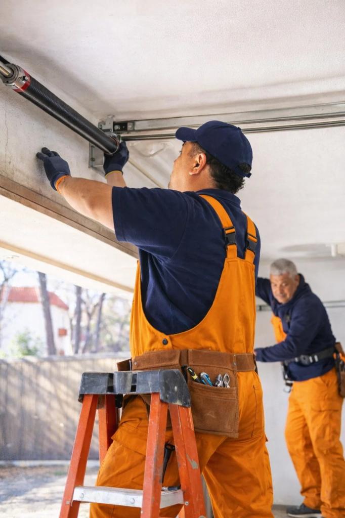Two licensed technicians performing garage door spring repair in Drake, CO