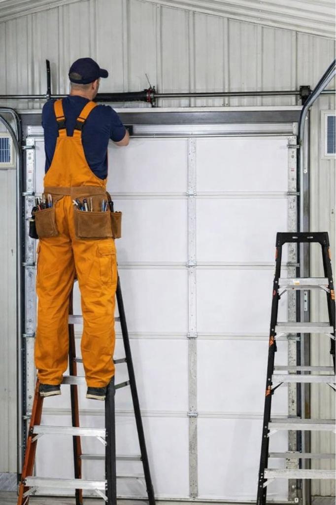 A licensed garage door technician performing a garage spring replacement in Laporte, CO