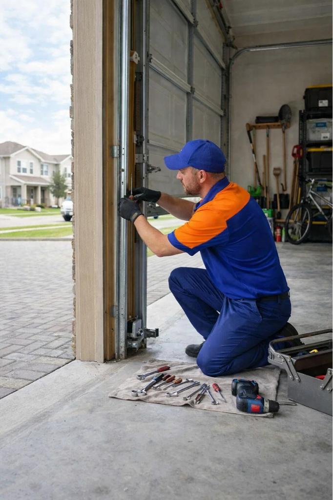 A garage door track repair in progress in Glen Haven, CO