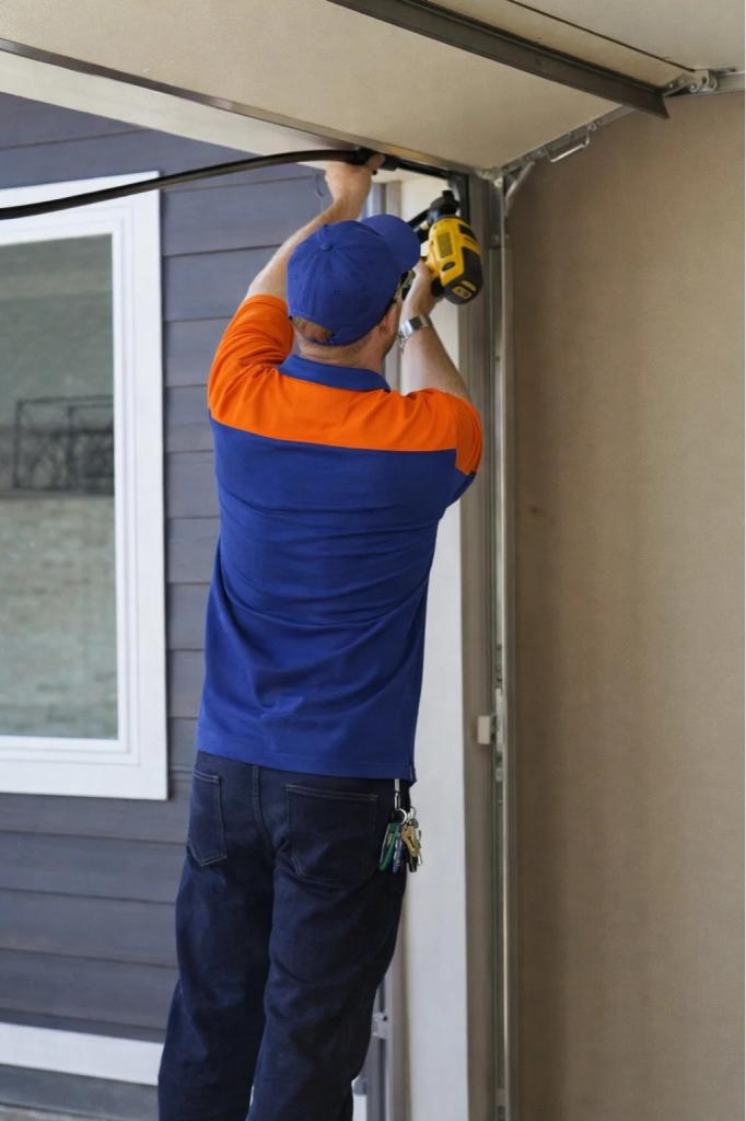 A technician replacing a garage door weatherstripping in Wellington, CO