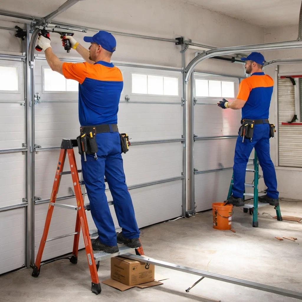 Two garage door technician performing a garage door maintenance in Fort Collins, CO