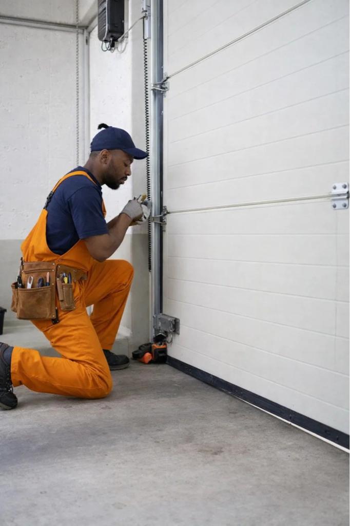 A technician performing a garage door maintenance in Severance, CO