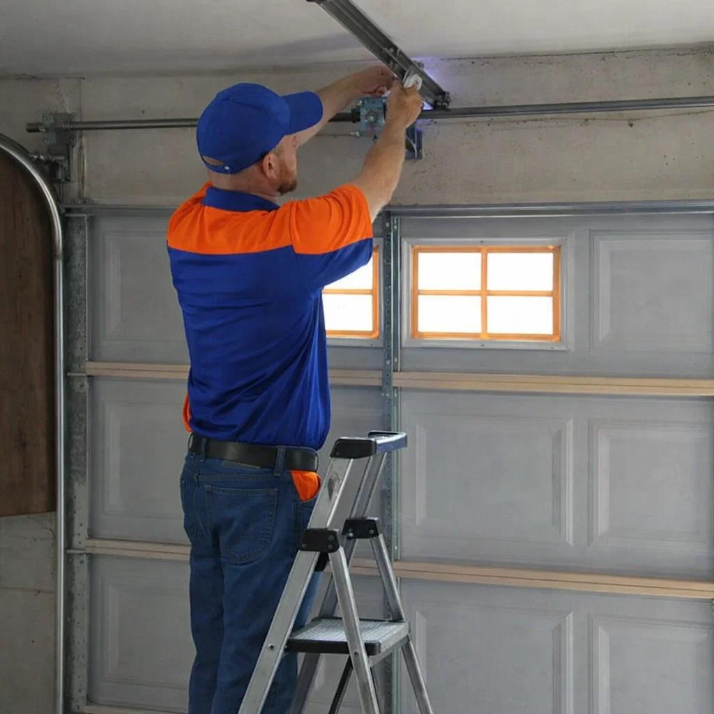 A technician performing a garage door maintenance in Timnath, CO