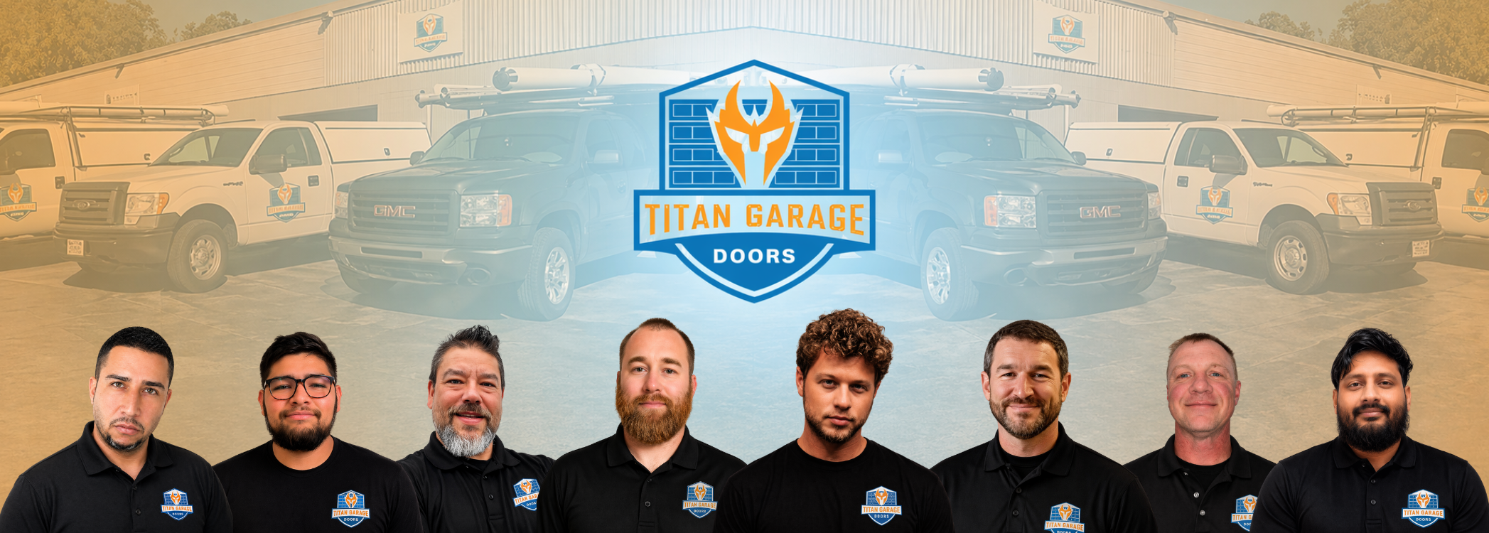 Team of professional garage door technicians from Titan Garage Doors CO standing in front of branded service trucks and warehouse building