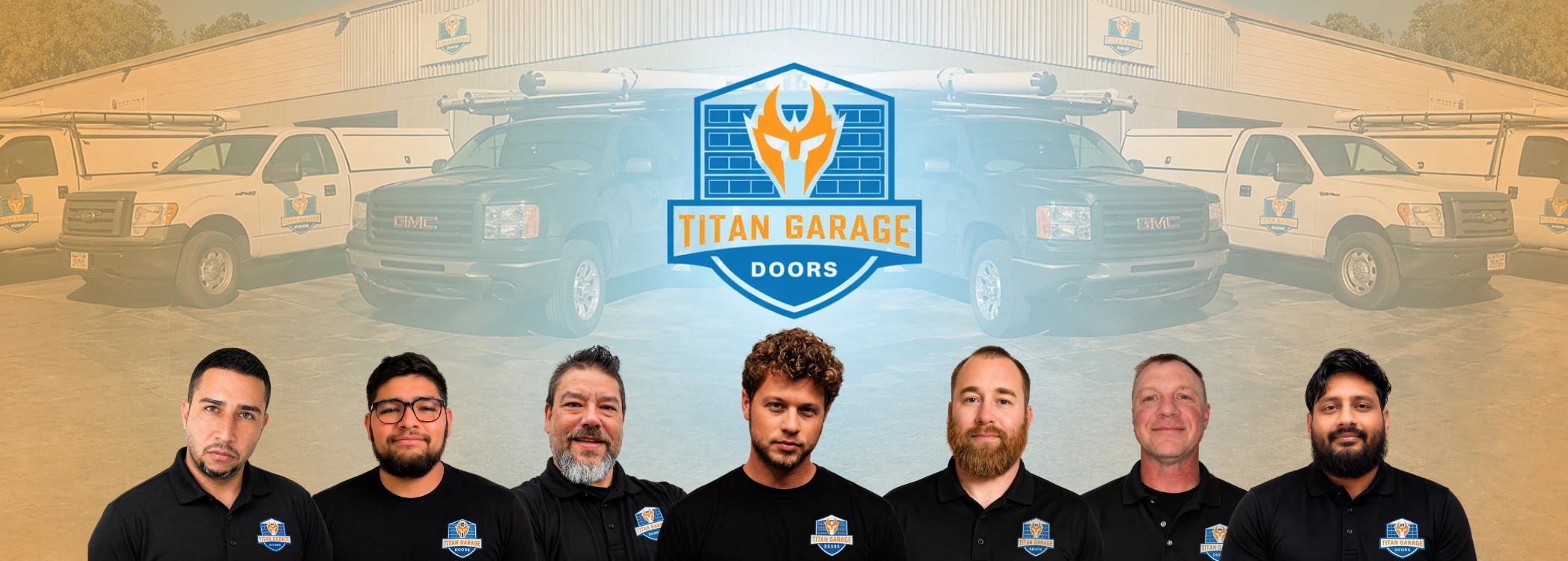 Team of professional garage door technicians from Titan Garage Doors CO standing in front of branded service trucks and warehouse building.