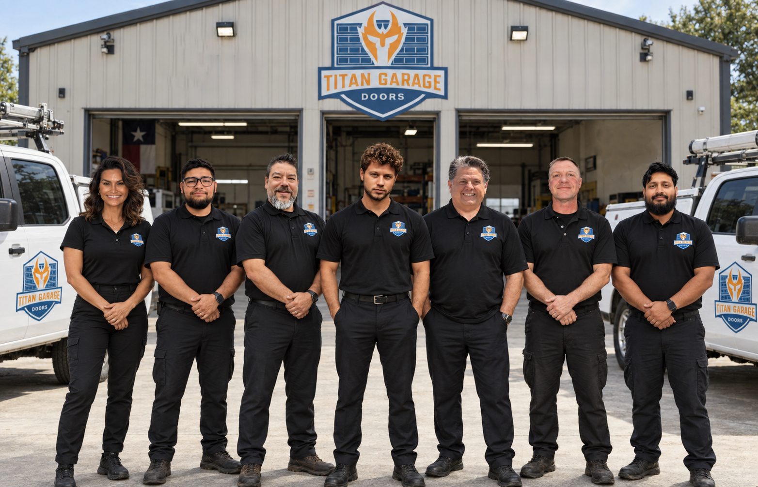 Team of professional garage door technicians from Titan Garage Doors CO standing in front of branded service trucks and warehouse building.