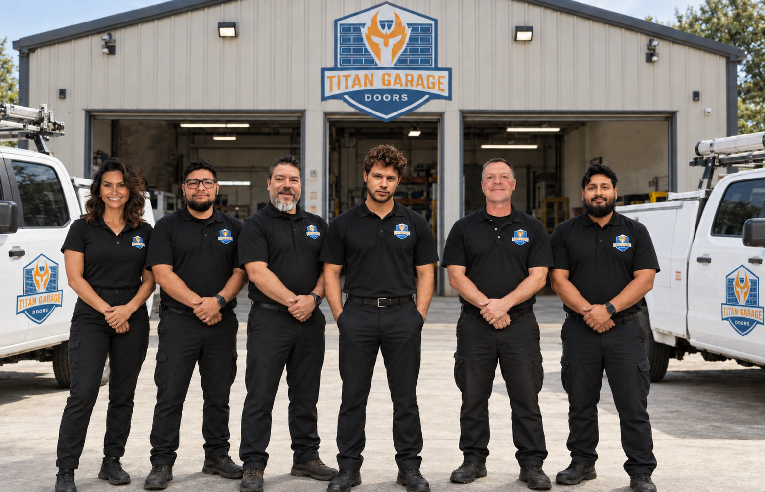Team of professional garage door technicians from Titan Garage Doors CO standing in front of branded service trucks and warehouse building.